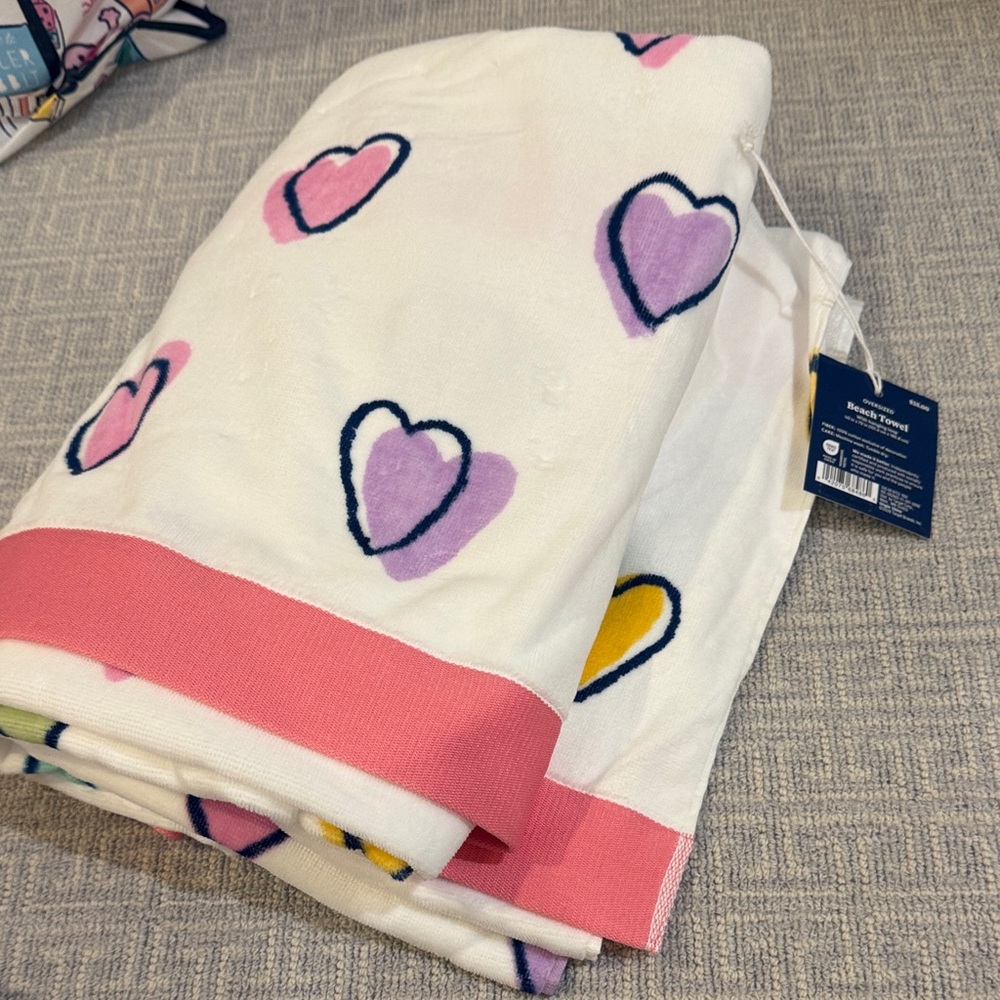 Roller Rabbit White Beach Towel with Rainbow Heart Pattern - Picture 3 of 3